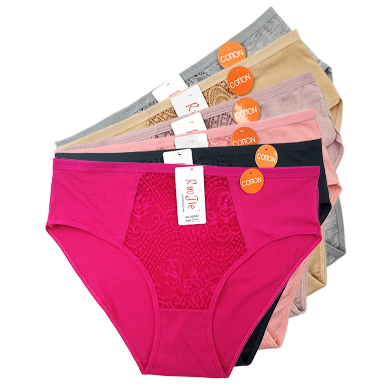 

Bragas de algodn de cintura alta para mujer, ropa interior de encaje slido, Sexy, de talla grande, 2x l-4xl, 5 uds.