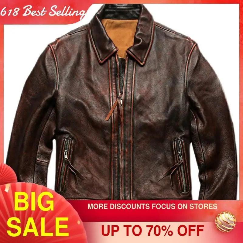 

2021 Vintage Brown American Casual Style Genuine Leather Jacket Men Large Size 5XL Real Natural Cowhide Slim Fit Spring Coat