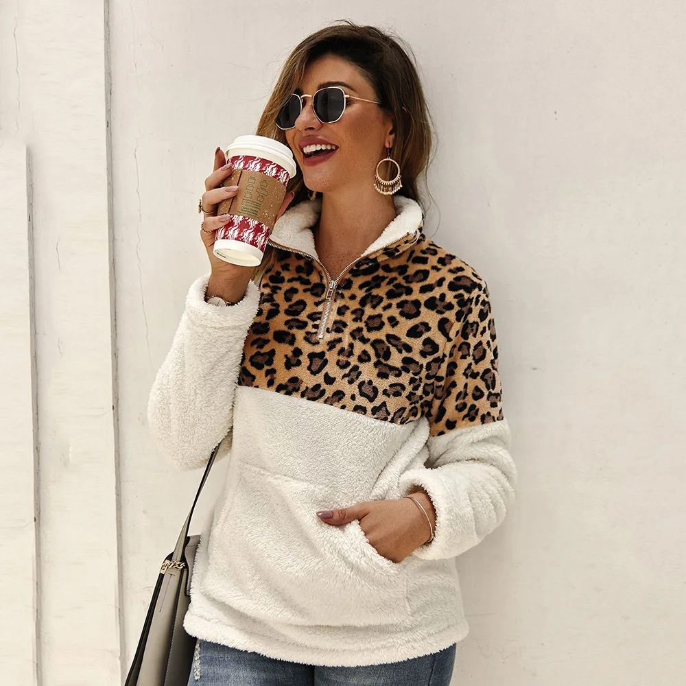 Женские топы пуловер Осень-зима Новый леопардовый на молнии с карманом и высоким