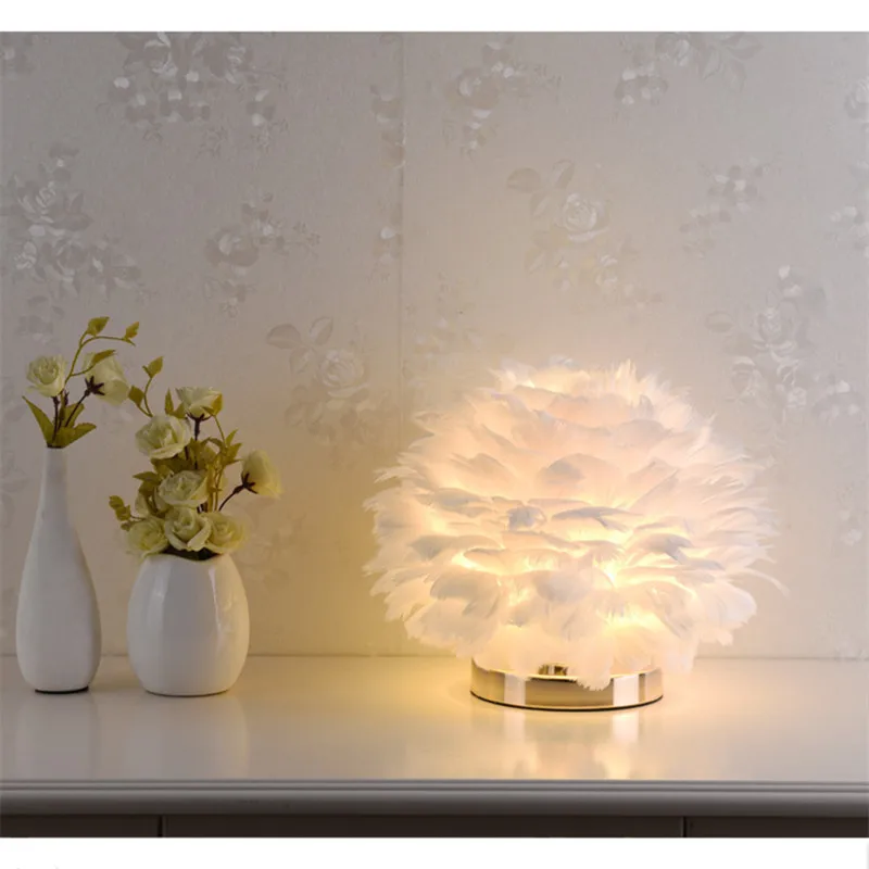 Feather Table Lamp Brightness Adjustable With Switch Creative Lampshade Wedding Home Bedroom Decor LED Bedside | Лампы и освещение