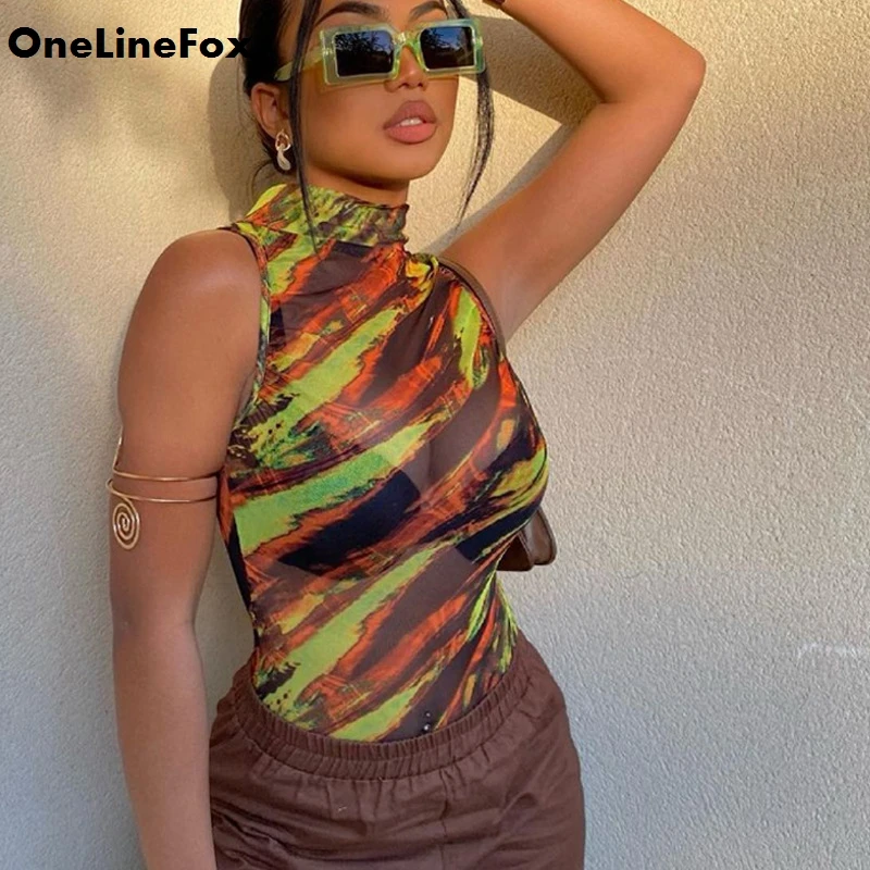

OneLineFox Mesh Bodysuit Top Cut out See Through Print Sleeveless Bodycon Romper Women Fashion y2k Overalls One Piece Sexy Top