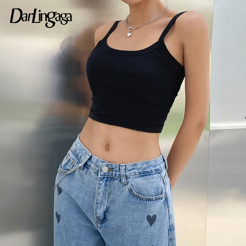 

Darlingaga Backless Streetwear Skinny Black Summer Tops Camisole Strap Solid Basic Sexy Crop Top Female Bandage Short Sleeveless