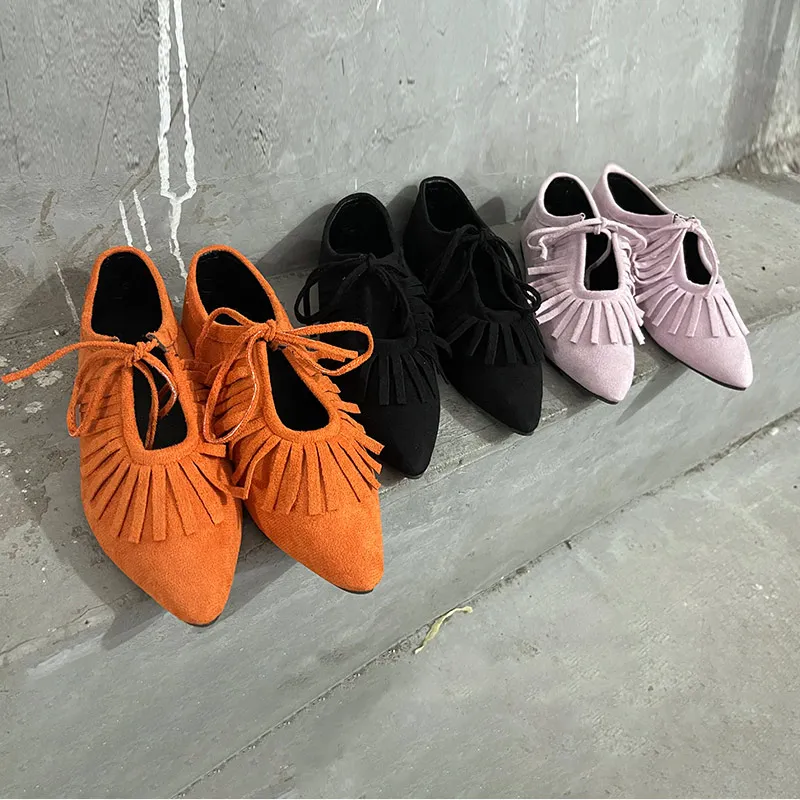 

Women's Flat Heel Sandals Females Pointed Toe Lace Up Tassel 2021 New Design Solid Sexy Elegant Comfort Shoes Plus Size 35-43