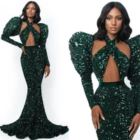 arabic aso ebi dark green stylish prom dresses long sleeves mermaid sequined evening party second reception gowns