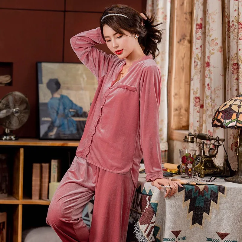 

2020 Winter Female Pajamas Set Long Sleeves Tops+Pants Comfortable Loose Pyjamas For Women Warm Golden velvet Sleepwear