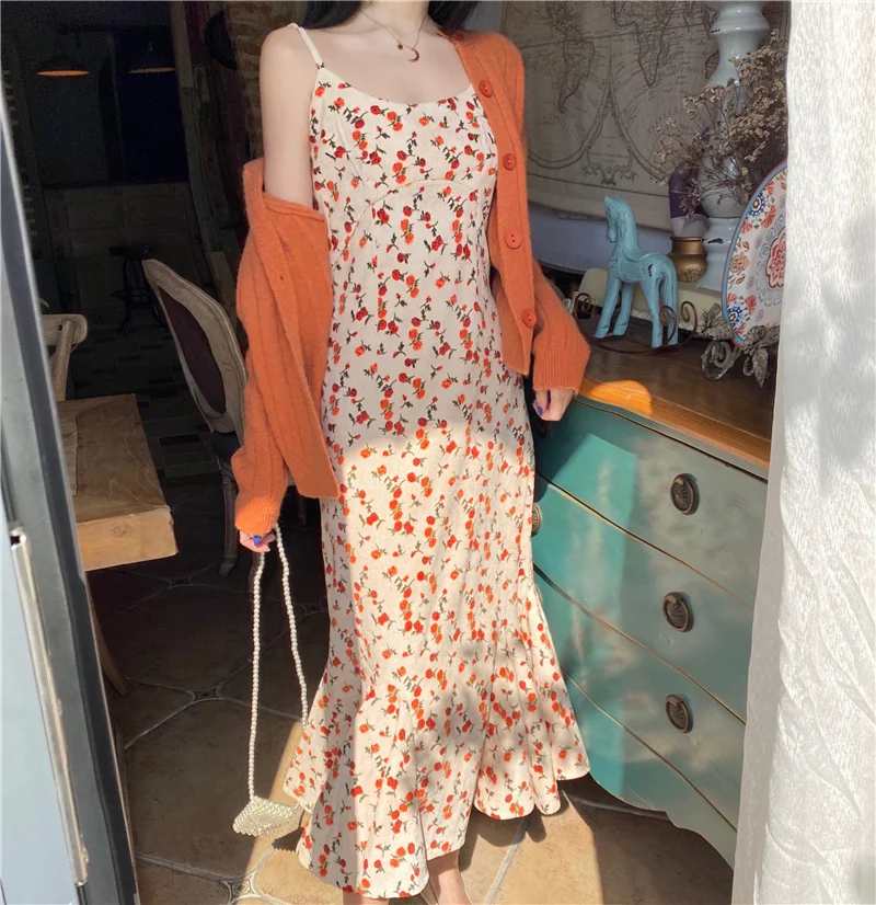 

French Retro Minority Mid-length Floral Strap Dress Fairy Lady Super Fairy Mori Style Two-Piece Suit Spring and Autumn and