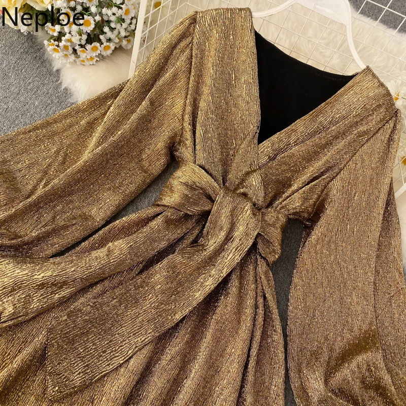 Женское платье с v образным вырезом Neploe Золотое приталенное высокой талией и