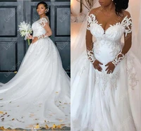 plus size mermaid wedding dresses detachable train 2023 sheer neck full lace beaded long sleeve garden beach wedding