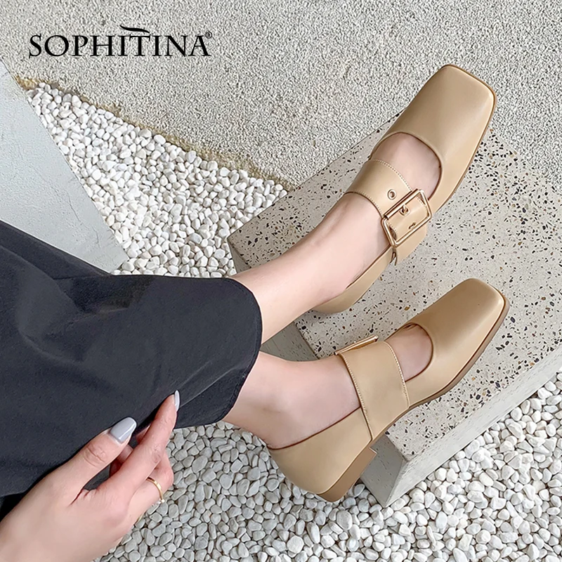 SOPHITINA Classic Mary Jane Women's Shoes Flat Sole Daily Shoes Square Toe Premium Leather Big Square Buckle Female Flats DO741