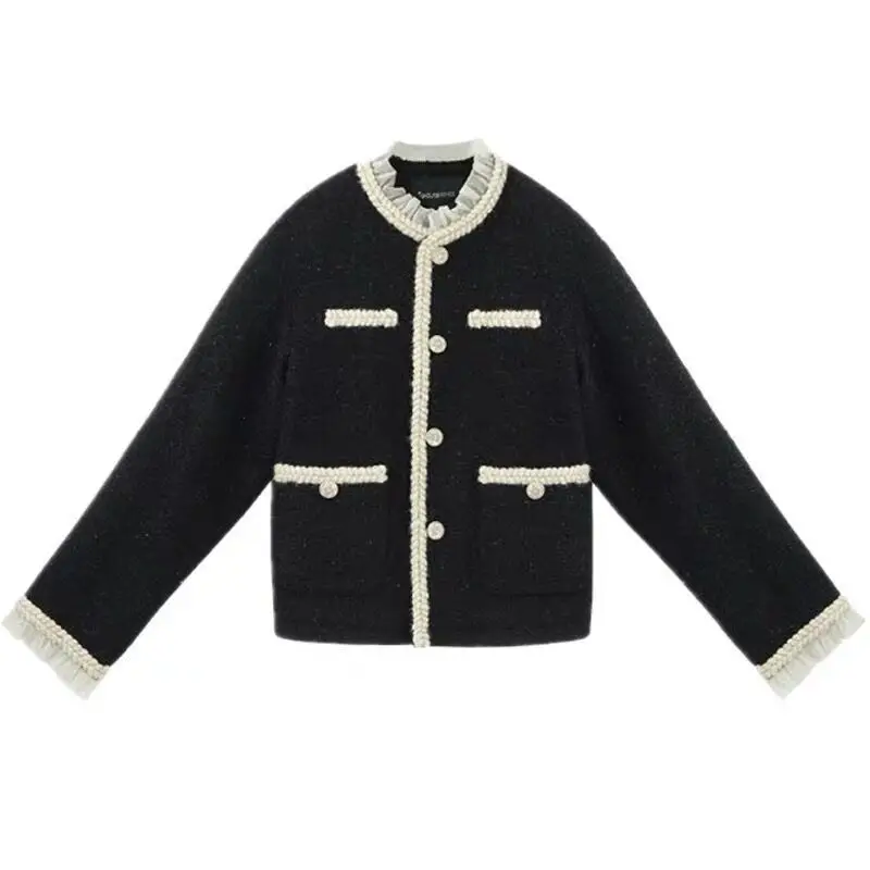 

Palace style lace stitching fake two pieces of bright silk tweed small fragrance coat women's short autumn and winter woolen coa