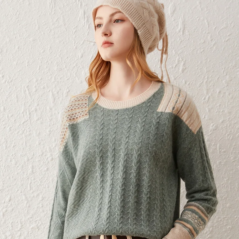 

Высококачественный осенне-зимний 2021 кашемировый свитер 100%, Модный женский свободный трикотажный свитер с круглым вырезом для выращивания ...