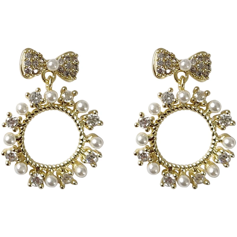 

S925 needle Delicate Jewelry Bowknot Earrings Super Fairy Simulated Pearl High Shiny Clear Crystal Round Drop Earrings For Girl