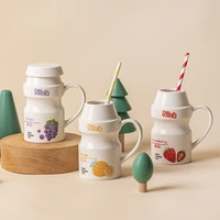 ceramic mug juicecoffee milk mugs cartoon cute water cup with cover and handle fruit yogurt cup