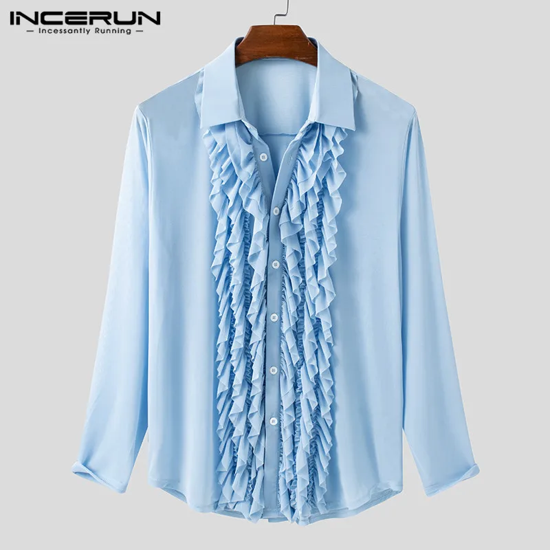 

Men Dress Shirt Ruffle Mesh Transparent 2021 Lapel Long Sleeve Party Shirts Fashion Sexy Solid Color Chic Camisa S-5XL INCERUN 7