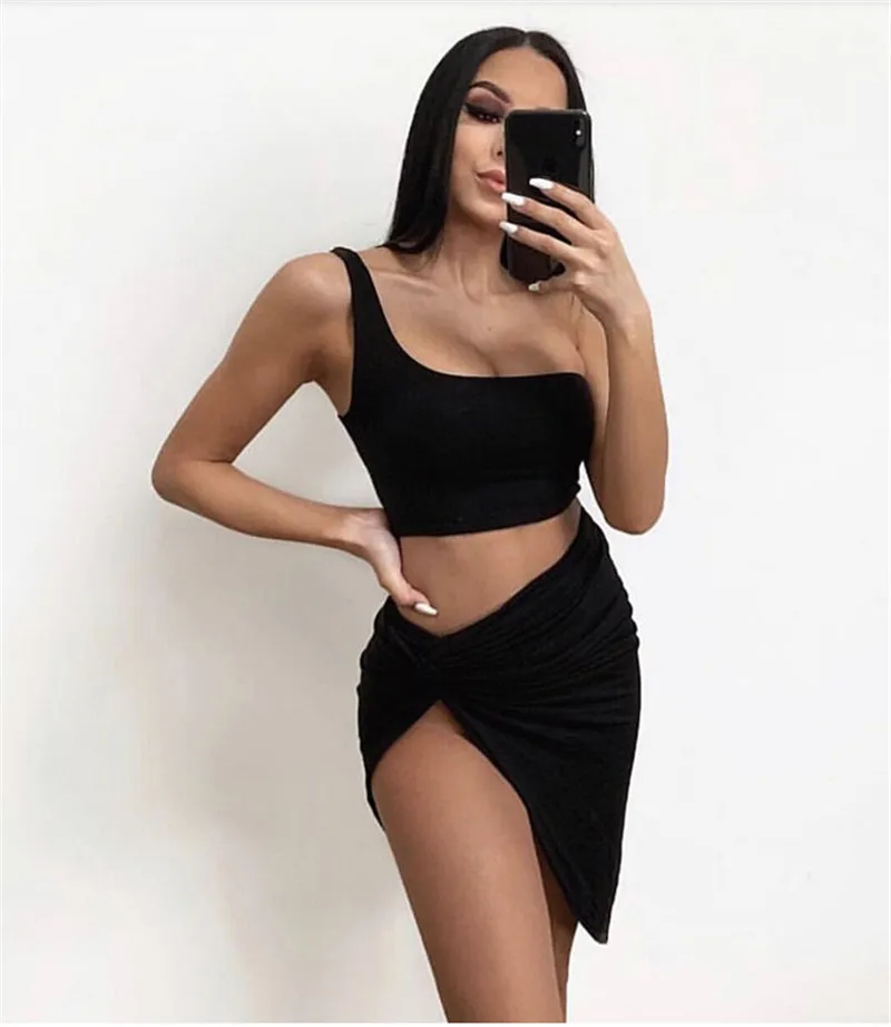 

2019 Summer Women Solid Bodycon Two Piece Sleeveless One-Shoulder Crop Top and Skirt Set Bandage Party Sets