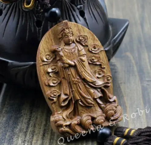 

Chinese Knot Wood Carving Mazu Goddess Matsu Kwan Yin Statue Car Pendant Amulet