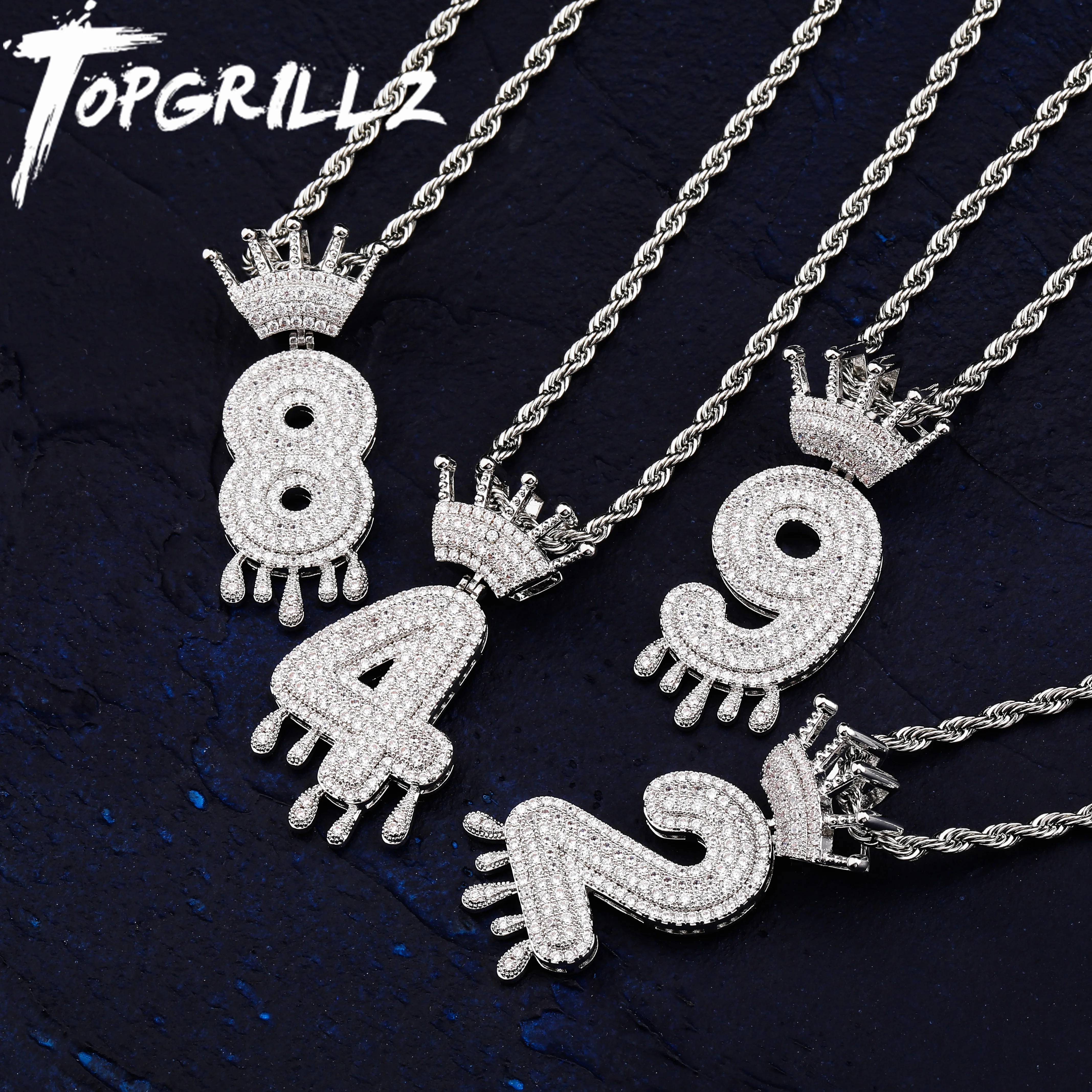 TOPGRILLZ 1-9 букв номер Корона капельного кулона и ожерелье золотого серебряного