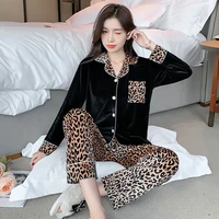 spring and winter new golden velvet pajamas lady leopard print long sleeves two suit cardigans can be worn outside the home