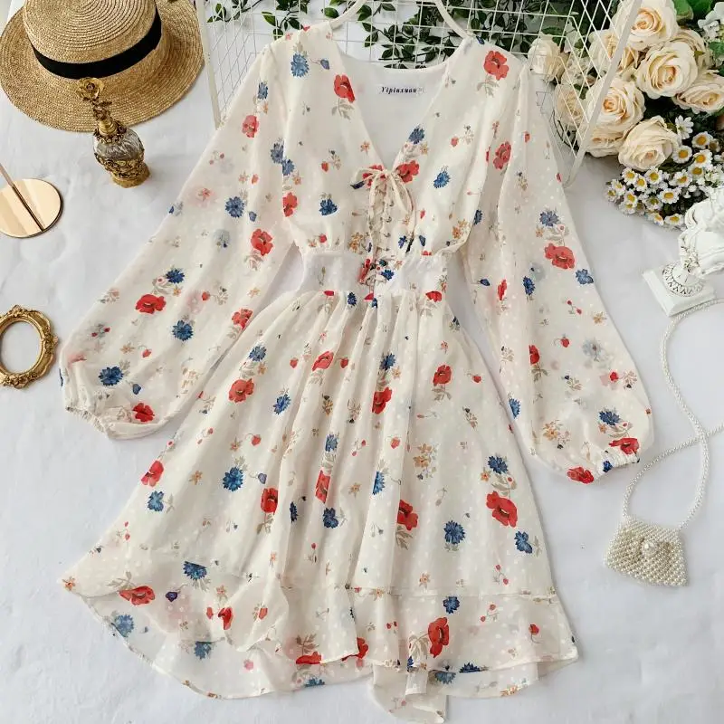 Женское шифоновое платье с рукавами-фонариками и оборками | Женская одежда