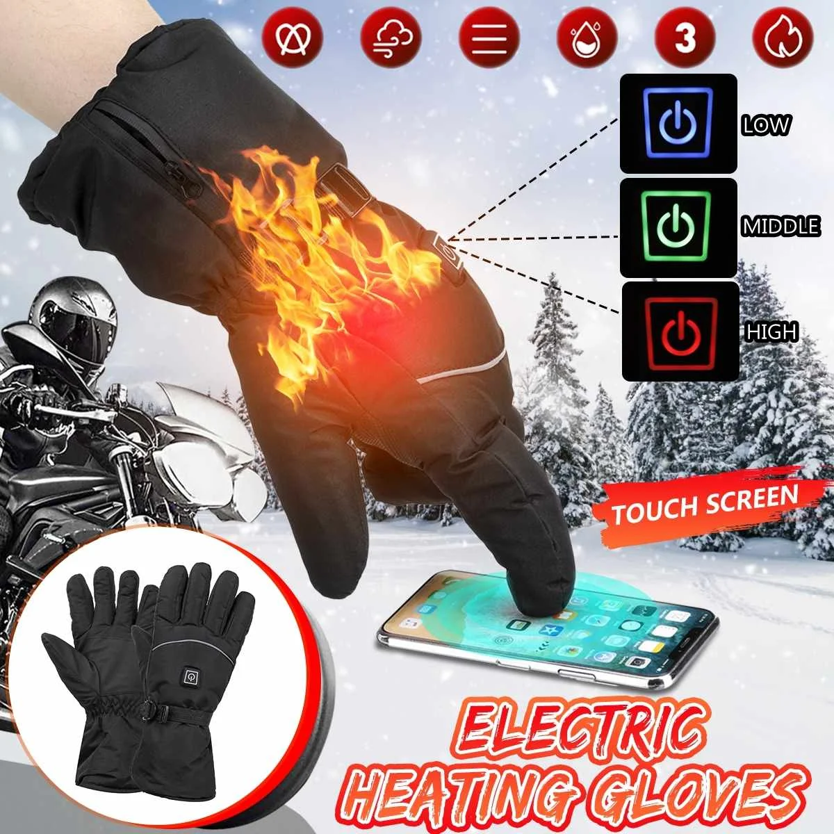 

3 Level Winter Electric Heated Gloves Waterproof Motorcycle Cycling Warm Touch Screen Battery Powered Skiing Hand Warm Gloves