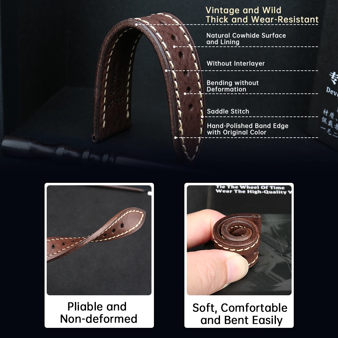 MAIKES Italian Vintage Cow Leather Watch Strap Men's 20mm 22mm 24mm Watch Accessories Butterfly Buckle Watchband