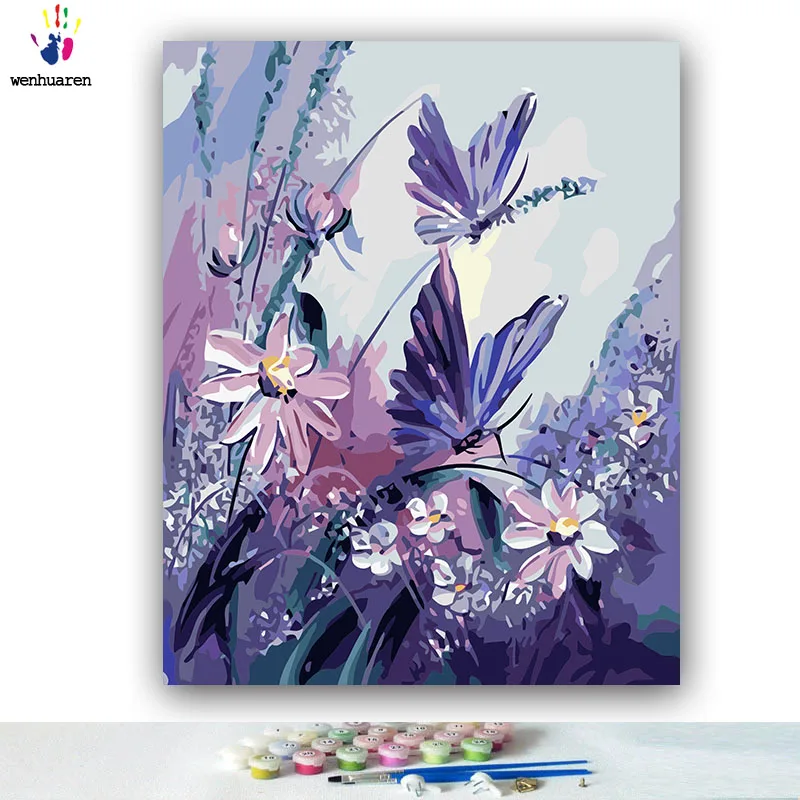 DIY картинки для раскраски по номерам с цветами фиолетовая бабочка на маргаритке