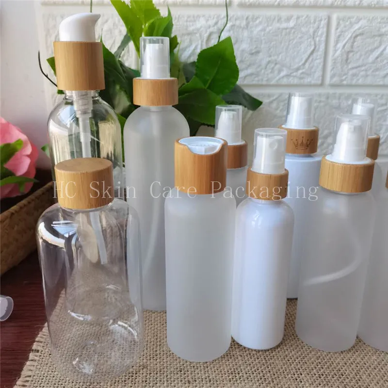 

Empty cosmetic containers packaging frosted /white/clear plastic bottles and cream jars bamboo cap spray lotion pump bottle