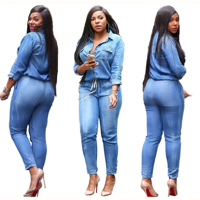Europe States selling fashion strappy jeans women's jumpsuit plus size slim casual jumpsuits female new spring autumn | Женская