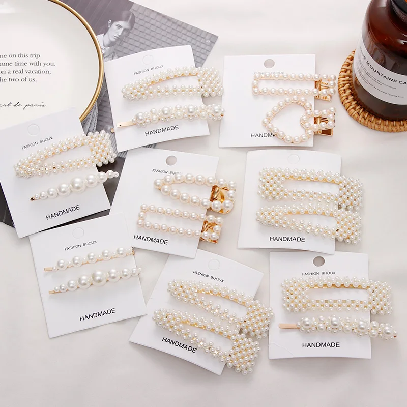 

New 2PCS/Set Fashon Full Pearls Geometric Hairpins For Women Girls Sweet Headband Hair Clips Barrettes Lady Hair Accessories