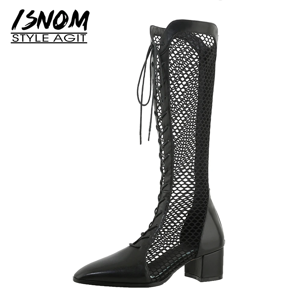 

ISNOM Women Mesh Genuine Leather Knee Boots Mid Thick Heels Sandals Reticulated Pointed Toe Laced Casual Summer Shoes