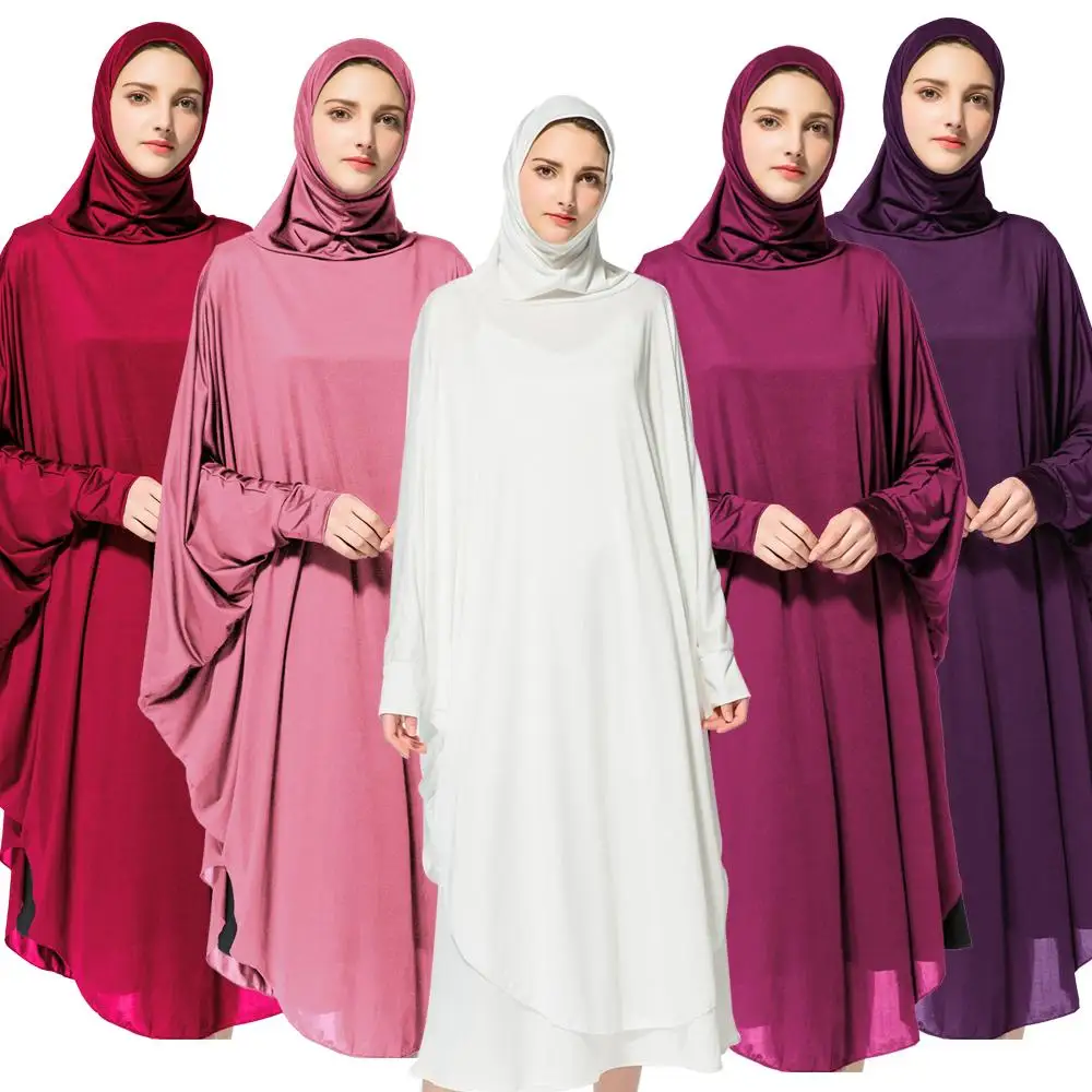 

Arab Muslim Women Prayer Garment Bat Sleeve Hooded Worship Thobe Gown Prayer Middle East Robe Islamic Abaya Pray Hijab Dress