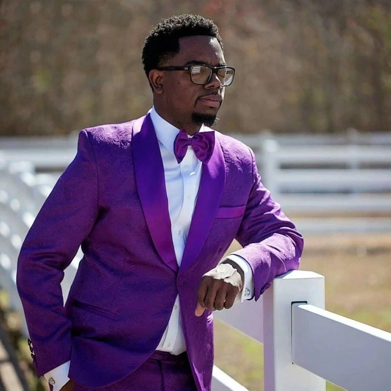 

Latest Custom Made Purple Printing Shawl Lapel One Button Men's 2 Piece Slim Fit Handsome Bridegroom Wedding Tuxedos Formal Wea