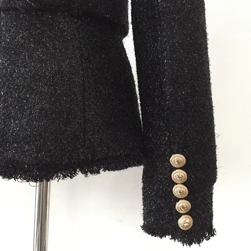 

High Quality Luxury Bright Silk Ladies Wide Sashes Blazer Feminino Nothed Collar Double Breasted Slim Fit Black Blazer Women