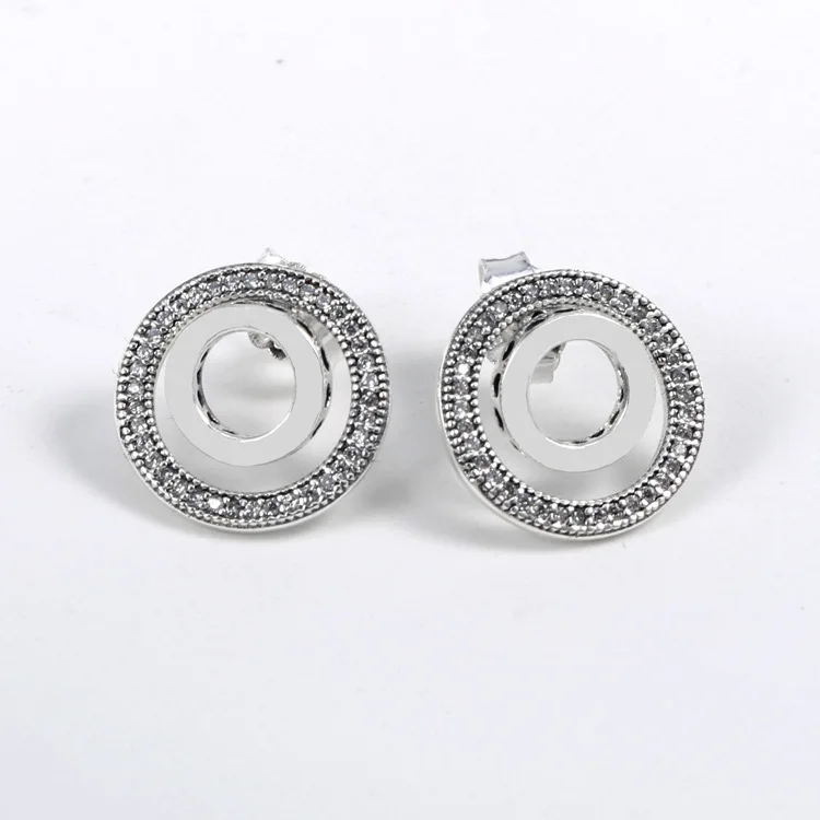 

925 Sterling Silver Forever Circle Signature Pan Earring With Crystal Stud Earring For Women Wedding Fashion Jewelry