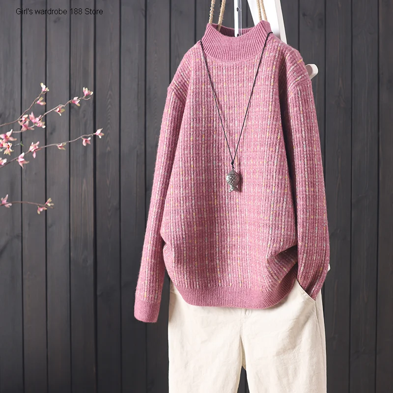 

for new autumn and winter core spun yarn soft Plaid small fragrance half high neck sweater women's long sleeve versatile