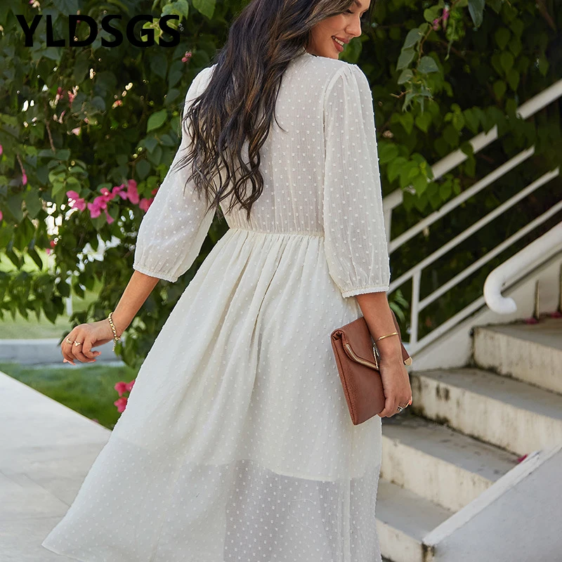 

Womens Summer Fashion Dress Short Sleeve V-Neck Ladies Polka Dot Dreeses Split Vestidos For Femela Boho Beach Holiday Dress