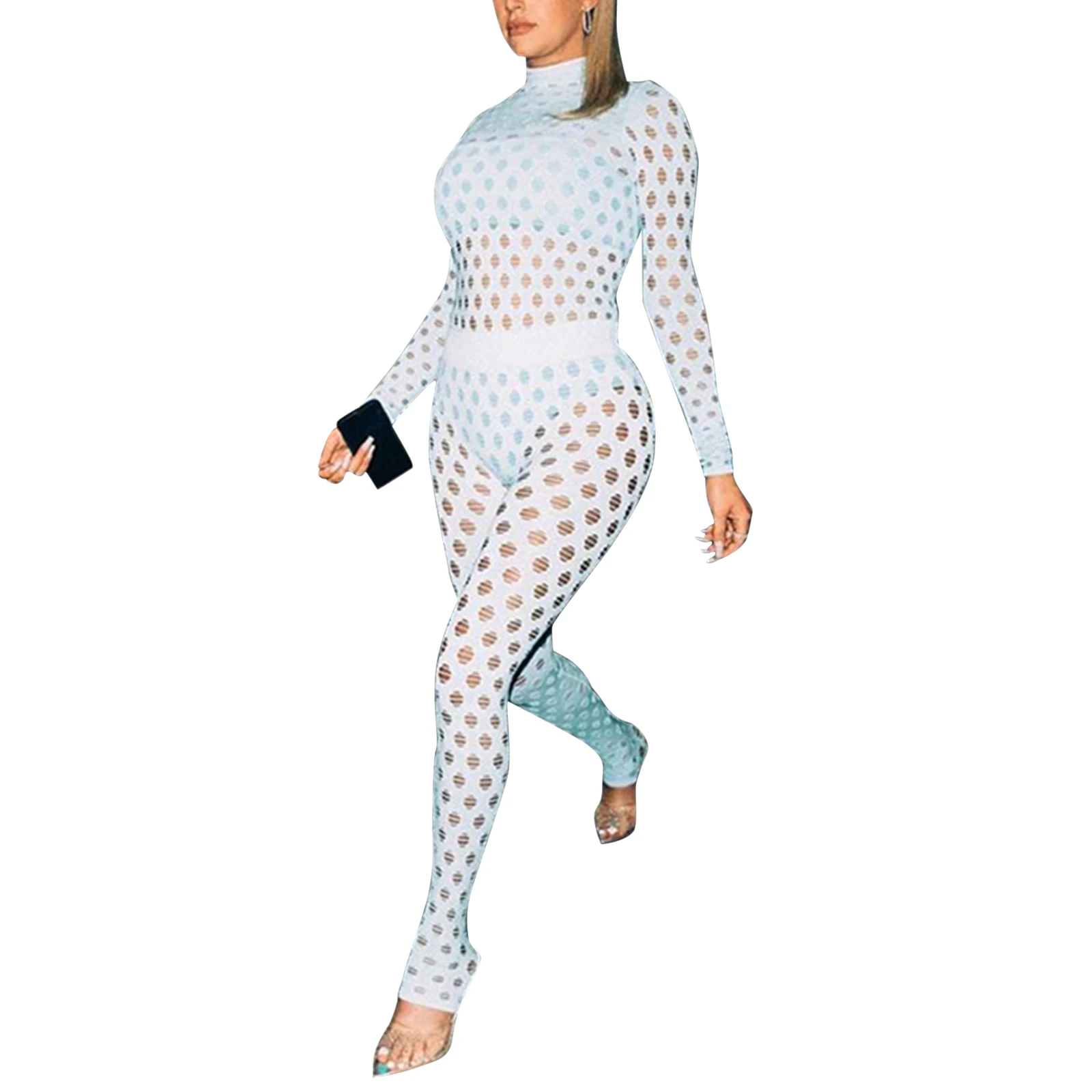 

Women 2 Pcs Mesh Hole Knit Clothes Sets Casual Fashion High Neck Long Sleeve Shirt Top Long Pant Street Hipster Outfits