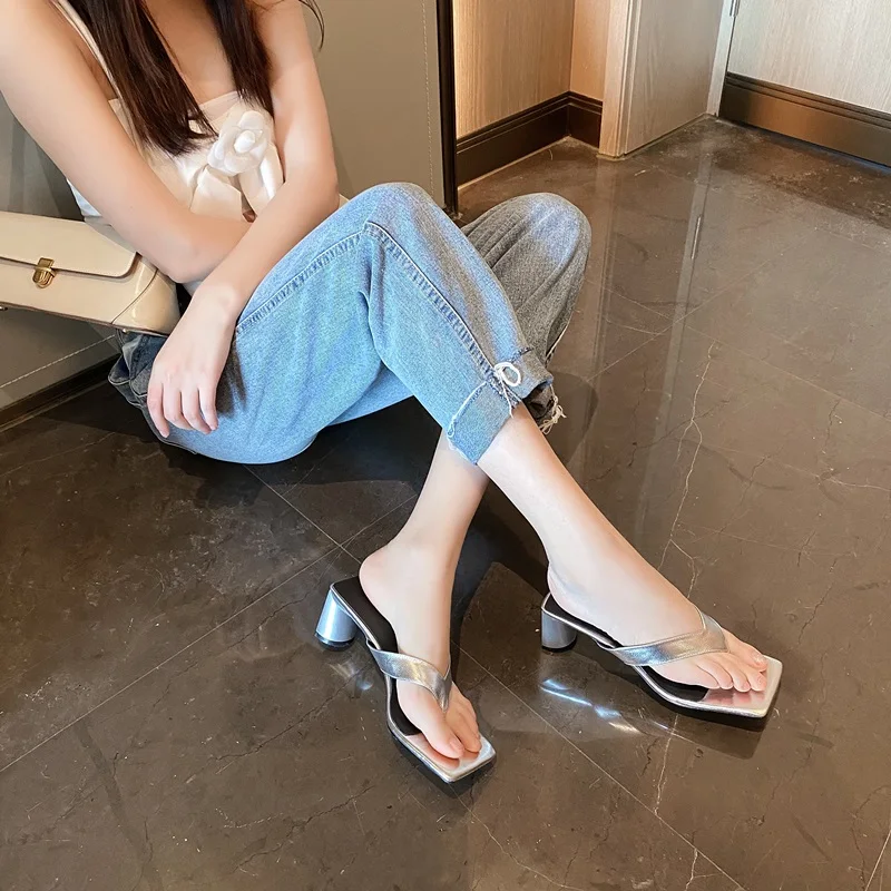 

new slides sexy flip flops sandals genuine leather sqaure toe sandals women chunky heel summer beach sandals ladies high heels