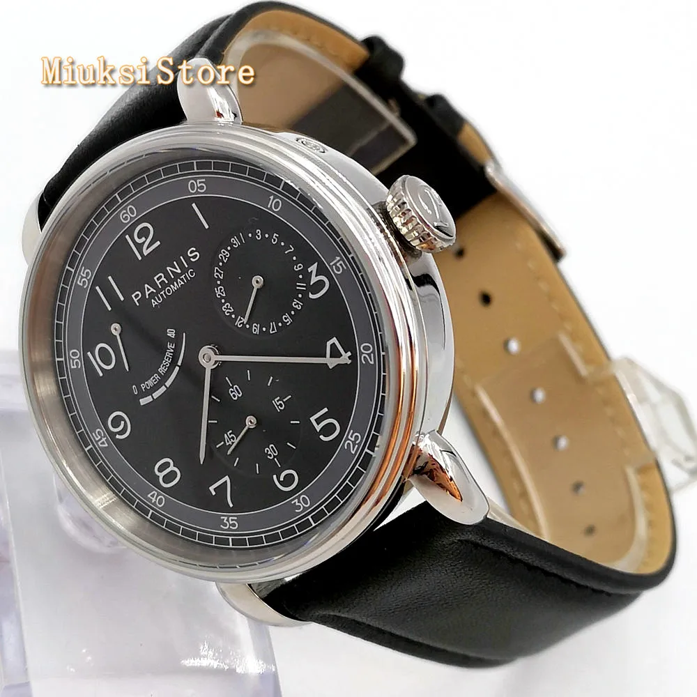 Новые Парнис 42 мм Серебристый футляр для часов Дата Кожаный автоматический