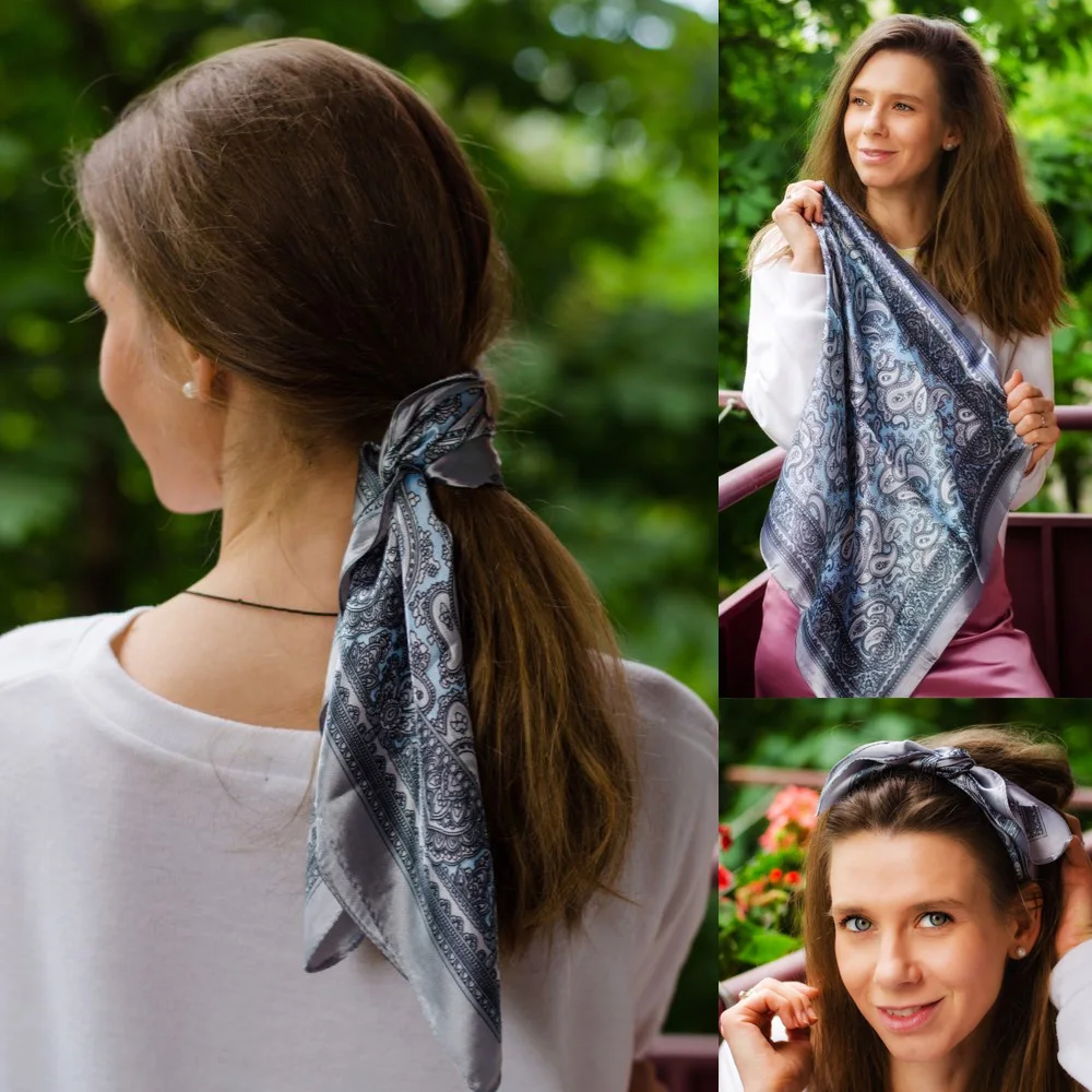 

60x60cm Silk Scarf Square for Women Fashion Floral Printed Shawl Wrap Spring Summer Neckerchife Hair Band Lady Winter Scarves