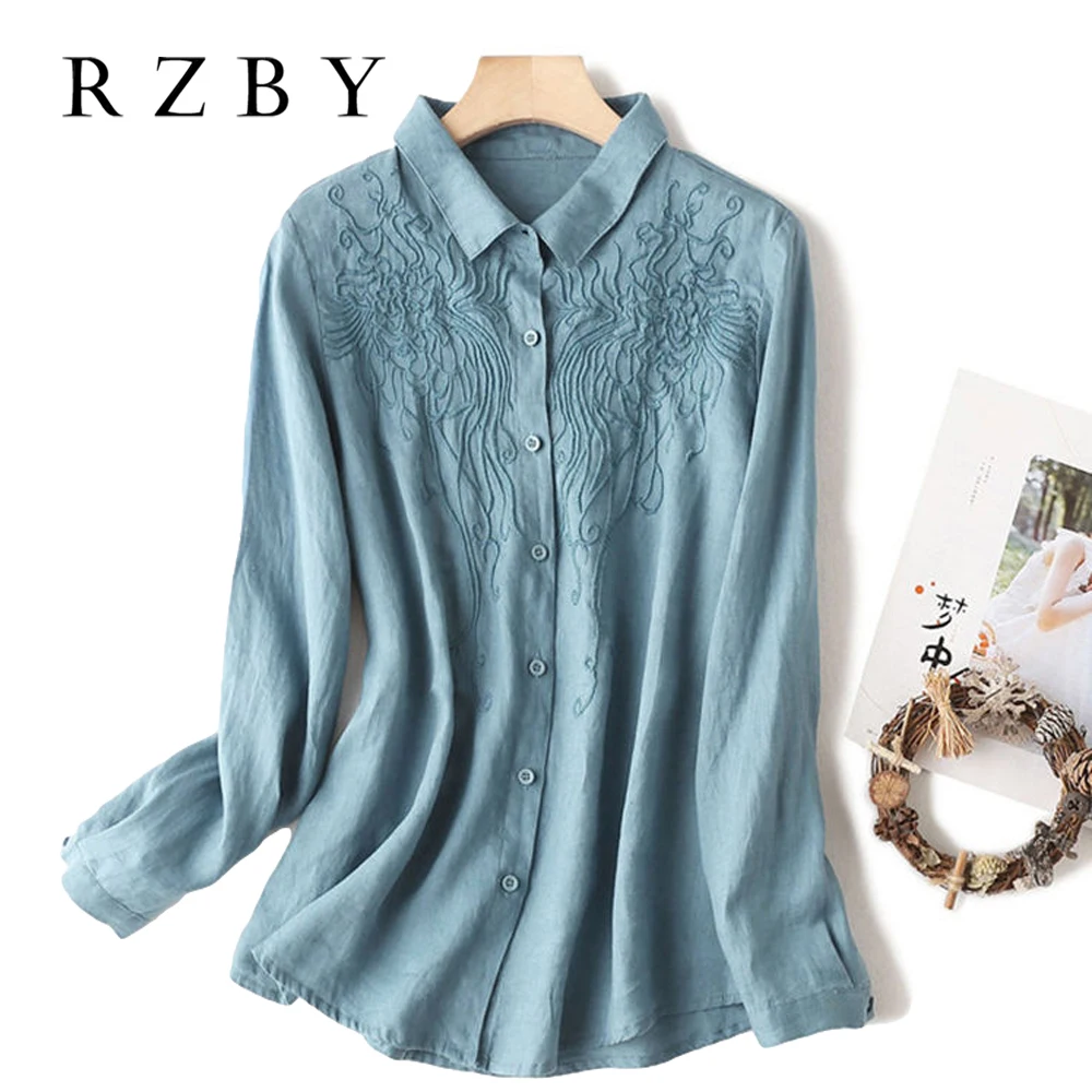 

Cotton Casual Shirt Plus size Women Clothing Embroidered Blouse Japan Style Button up Long sleeve Top Office Ladies RZBY313