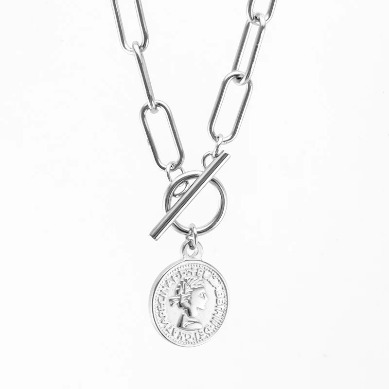 20mm Coin silver Ожерелье из нержавеющей стали для женщин длинное O чокер тумблер ожерелье медальоны де мода ювелирные изделия в стиле "Бохо" колье подарок - Окраска металла: 20mm Coin silver