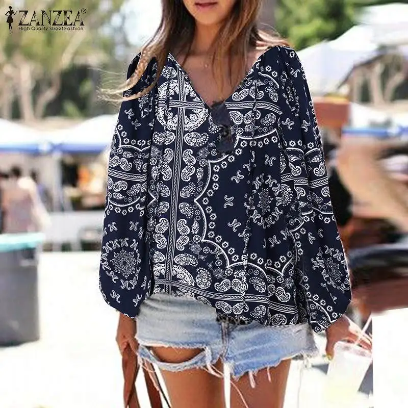 

ZANZEA Autumn Women V Neck Full Sleeve Blouse Floral printed Casual Elegant Shirt Lace Up Holiday Chemise Fashion Loose Top