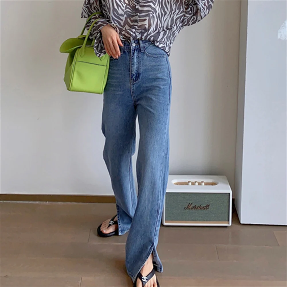 

Harajuku Split Loose Denim Jeans High Waist Slim Casual Thin Autumn 2021 Straight Cowboy Streetwear Wide Leg Women Trousers