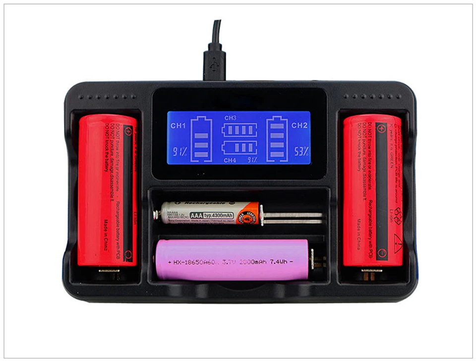 Комплект из 4 предметов ЖК-дисплей Смарт USB Батарея Зарядное устройство для аккумуляторов 18650 26650 22650 18350 литиевая Батарея Зарядное устройство литий-ионный аккумулятор AA, AAA, никель-металл-гидридных и никель-кадмиевых типов аккумуляторов Зарядное устройство