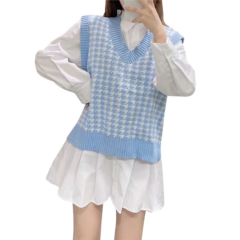 

Hirigin Women Oversized Houndstooth Sweater Vest Vintage Knitted V Neck Y2K Sleeveless Pullover Loose 90s Knitwear Tank Tops
