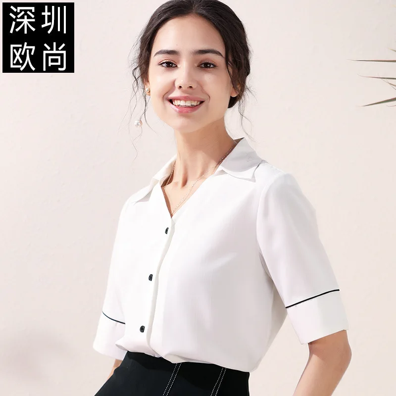 women tops and blouses white chiffon v neck OL high quality 2020 summer office shirts short sleeve casual sexy plus size