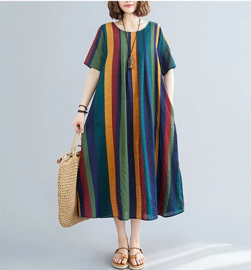 Женское винтажное платье в полоску с коротким рукавом повседневное Свободное