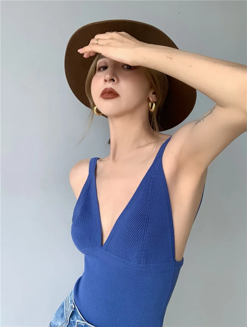 

Short Knitted Sleeveless Backless Tank Top Deep V-neck Sexy Camisole Solid Color 2021 Purplelano