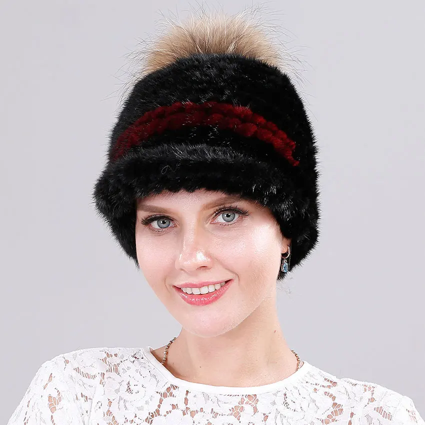 ICYMI Mink Fur Baseball Cap for Women Fashionable Knitted Hat with Raccoon Pompom Top Patchwork Winter Girl | Аксессуары для